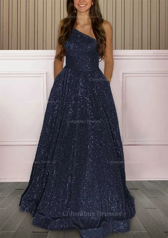 A-line One-Shoulder Sleeveless Sweep Train Sequined Prom Dress with Pockets Sequin Detail Dress