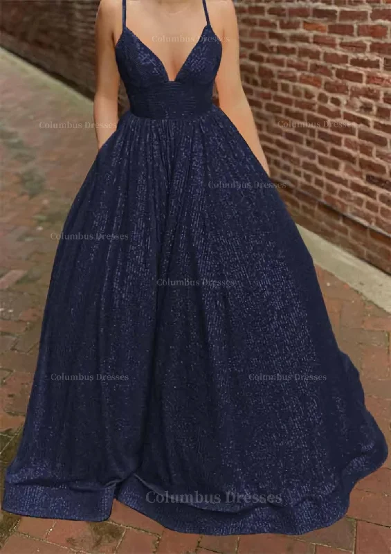 A-line V Neck Sleeveless Sweep Train Sequined Corset Prom Dress with Pockets Gowns Formal Sequin Gown