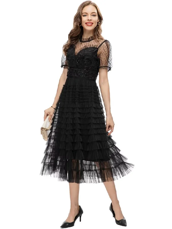 Ruffles Sequined Gauze Cascading Dress Stylish Sequin Dress