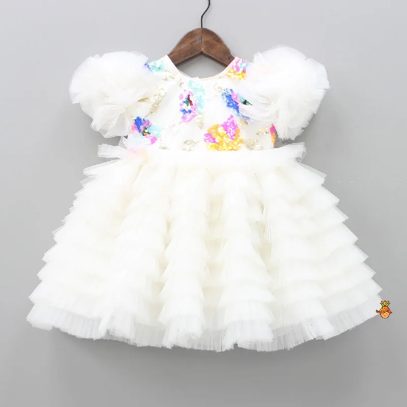 Colourful Sequins Embellished White Fancy Dress Silver Glitter Sequin