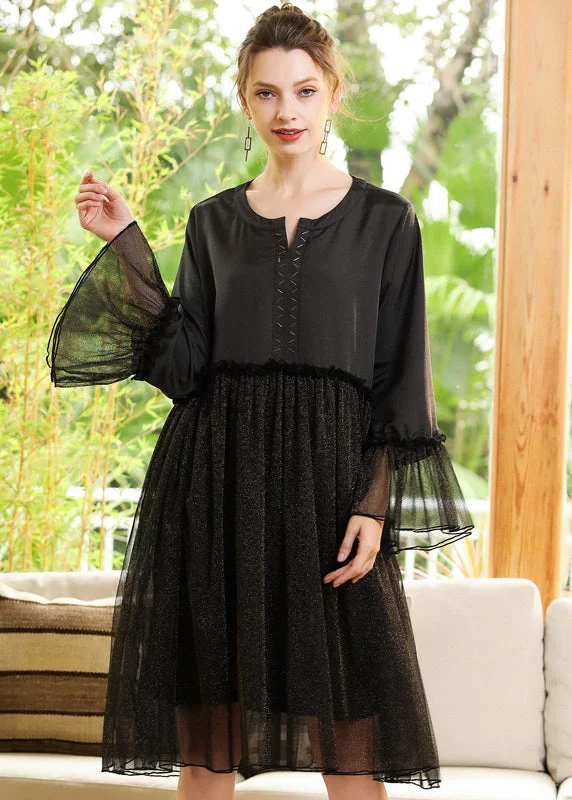 Fine Black Ruffled Patchwork Golden Sequins Chiffon Dress Flare Sleeve LY0274 Sequin Dress Trend