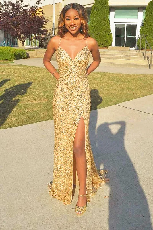 Gold Sequin V-Neck Spaghetti Strap Mermaid Prom Dress Sequin Dress Night