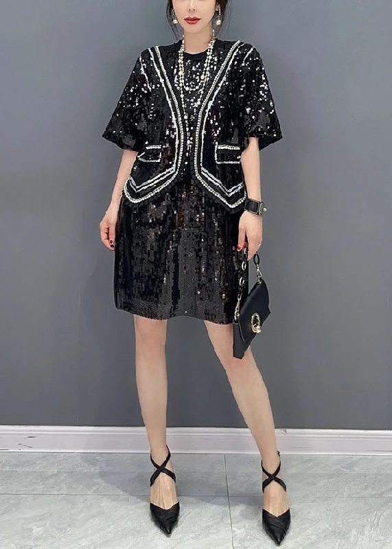 Handmade Black Sequins Patchwork False Two Pieces Dresses Spring LC0362 Sparkling Sequin Dress