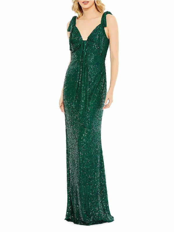 Ieena- Sequined Low Back Bow Shoulder Gown In Emerald Sequin Cocktail Dress