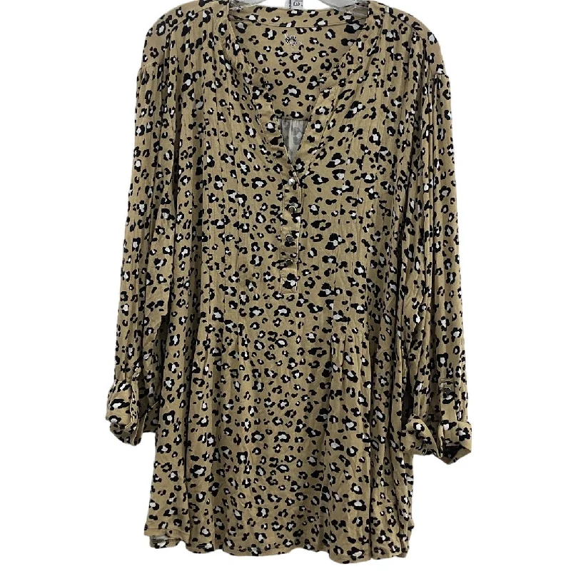 Kim Rogers Plus Size 3X Beige/Black Women's Cheetah Print LS Shirt Dress Rayon Plus Size Embellished