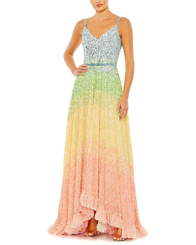 Mac Duggal Sequined Rainbow Sleeveless High Low Gown Off-shoulder Sequin Dress