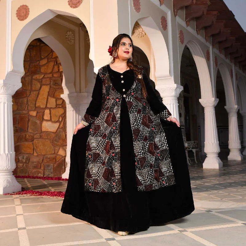 Midnight Black Velvet Sequin Embroidered Anarkali With Jacket Sequin Dress Long