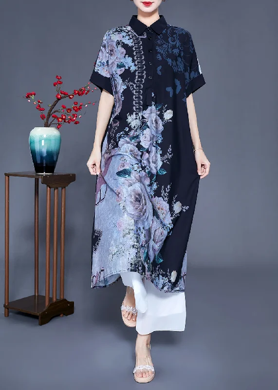 Plus Size Black Peter Pan Collar Print Draping Silk Shirt Dress Summer LY0931 Plus Size Evening