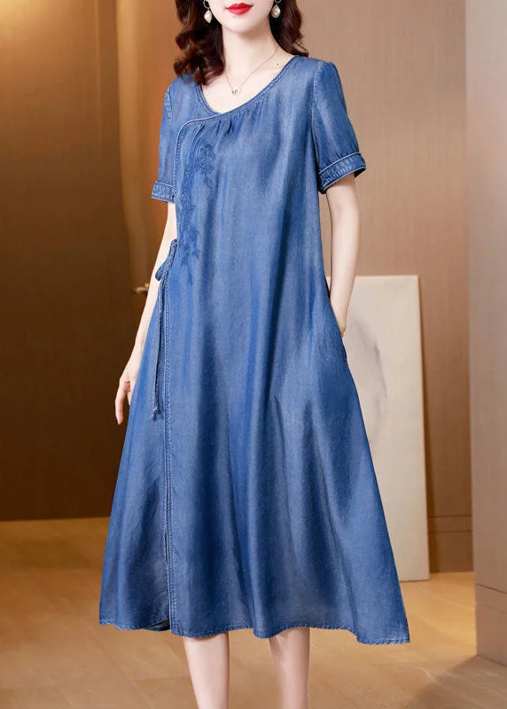 Plus Size Blue Embroideried Side Open Denim Dress Summer AC2029 Simple Plus Dress