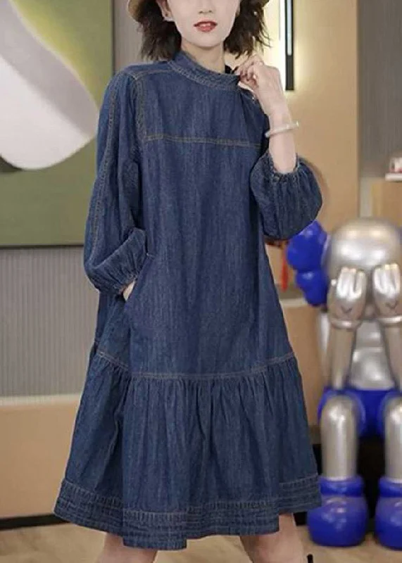 Plus Size Blue Patchwork Wrinkled Denim Mid Dresses Long Sleeve TI1058 Plus Size Sleeved