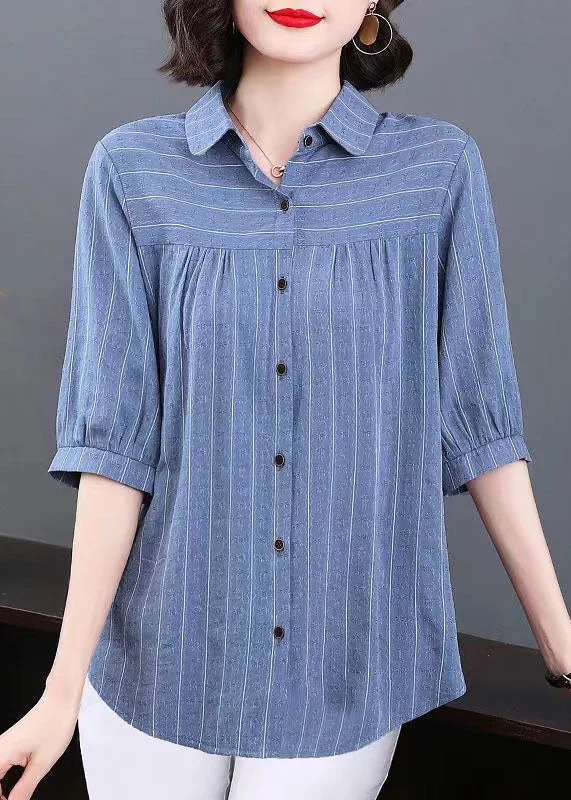 Plus Size Blue Peter Pan Collar Striped Patchwork Cotton Shirt Tops Summer TQ1005 Plus Size Casual