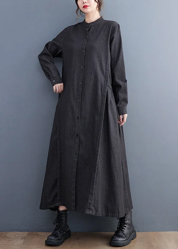 Plus Size Denim Black Stand Collar Patchwork Wrinkled Button Ankle Shirts Dress Long Sleeve AC2014 Bold Plus Gown