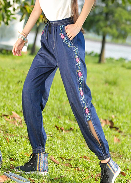 Plus Size Denim Blue Embroideried High Waist Cotton Lantern Pants Summer LY0197 Plus Size Fit