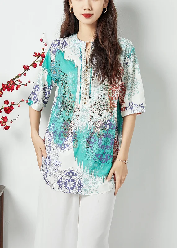 Plus Size Light Blue Oversized Print Nail Bead Shirt Tops Summer LY1127 Plus Size Ruched