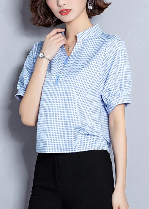 Plus Size Light Blue Plaid Button Chiffon Shirt Top Summer LY0415 Plus Size Midi