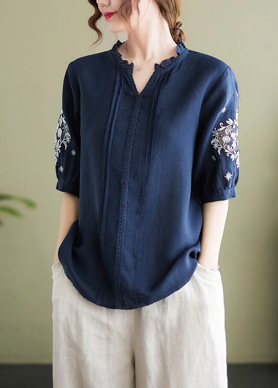 Plus Size Navy Embroideried Patchwork Wrinkled Linen Shirts Summer LY1498 Plus Size Summer