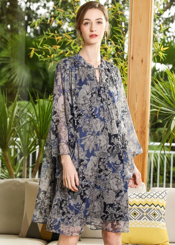 Plus Size Stand Collar Oversized Print Chiffon Holiday Dress Long Sleeve LY0256 Plus Size A-line