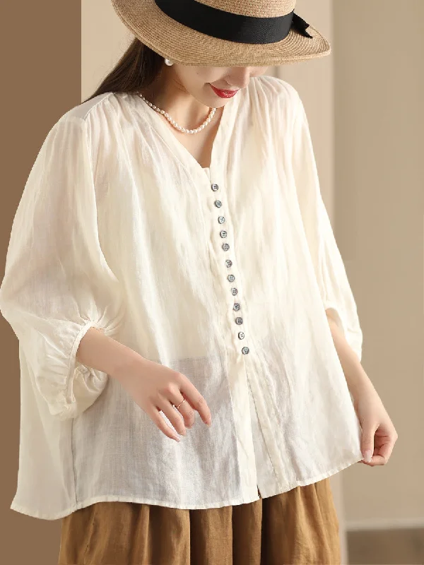 Plus Size Women Casual Summer Solid Button-up Ramie Shirt PA1038 Summer Plus Dress