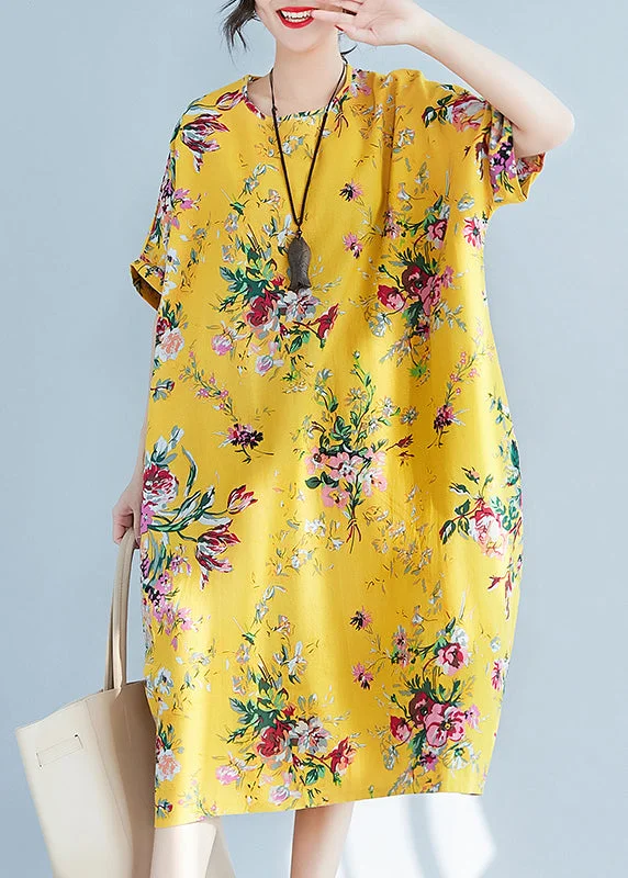 Plus Size Yellow O-Neck Print Cotton Holiday Dress Summer LY0906 Plus Size V-neck