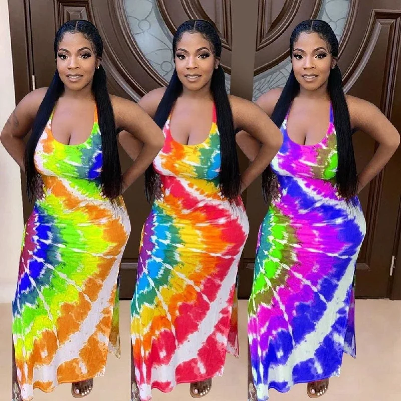 Plus Size Rainbow Tie Dye Backless Beach Dress Casual Plus Dress