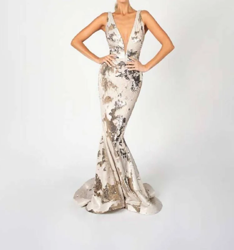 Sequin Gown In Crème/gold Sparkly Mini Sequin