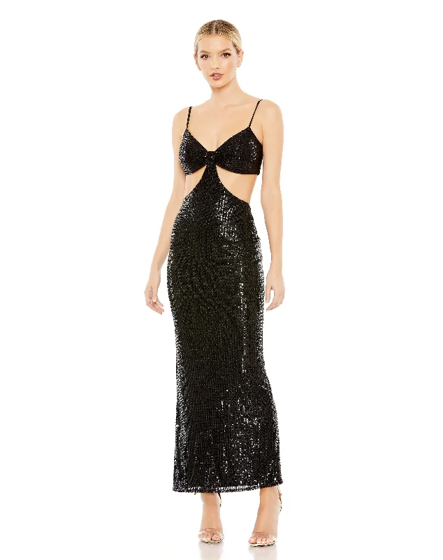 Sequined Spaghetti Strap Cut Out Gown Sequin Fit Dress