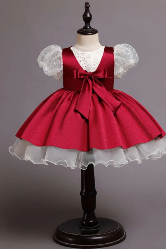 Wine Red Sequin Puff Sleeve Bow Girl Ball Gown Sequin Dress Casual