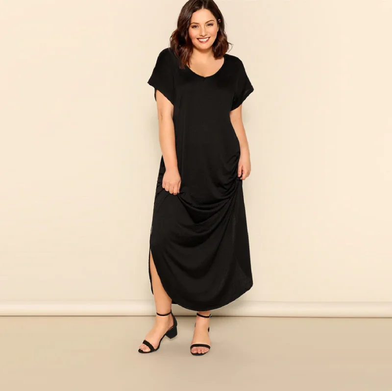 Women's V-Neck Short-Sleeve Long Dress | Plus Size Plus Size Colorblock