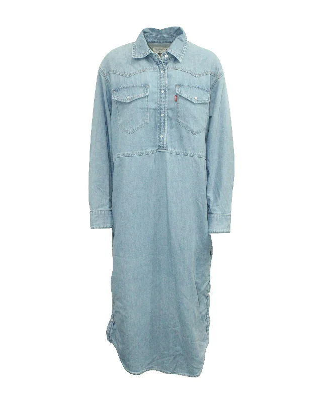 Ganni x Levi'S Denim Shirt Dress in Light Blue Cotton Elegant Shirt Dress