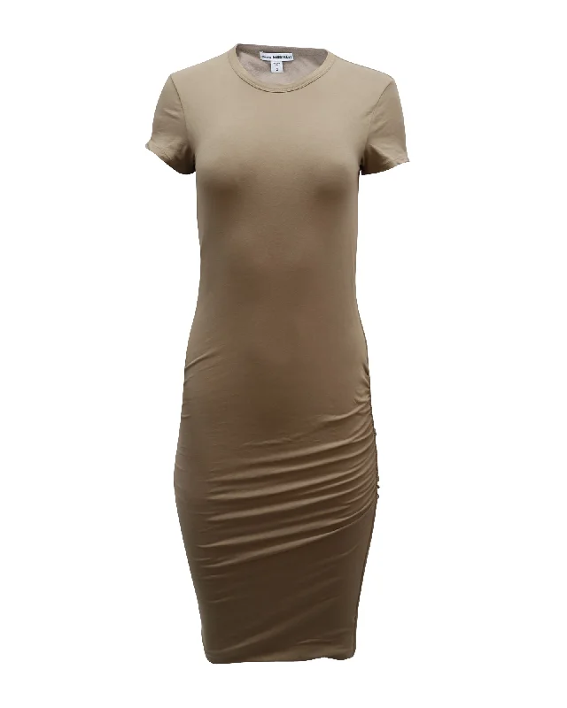 James Perse Ruched T-shirt Dress in Tan Cotton A-line Shirt Dress