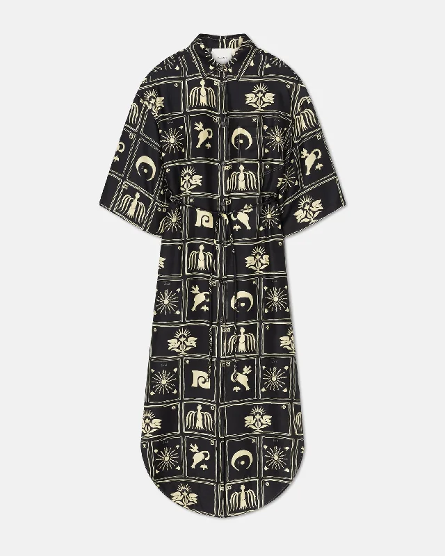 Damala - Printed Shirt Dress - Folk Art Black Sleeveless Shirt Dress