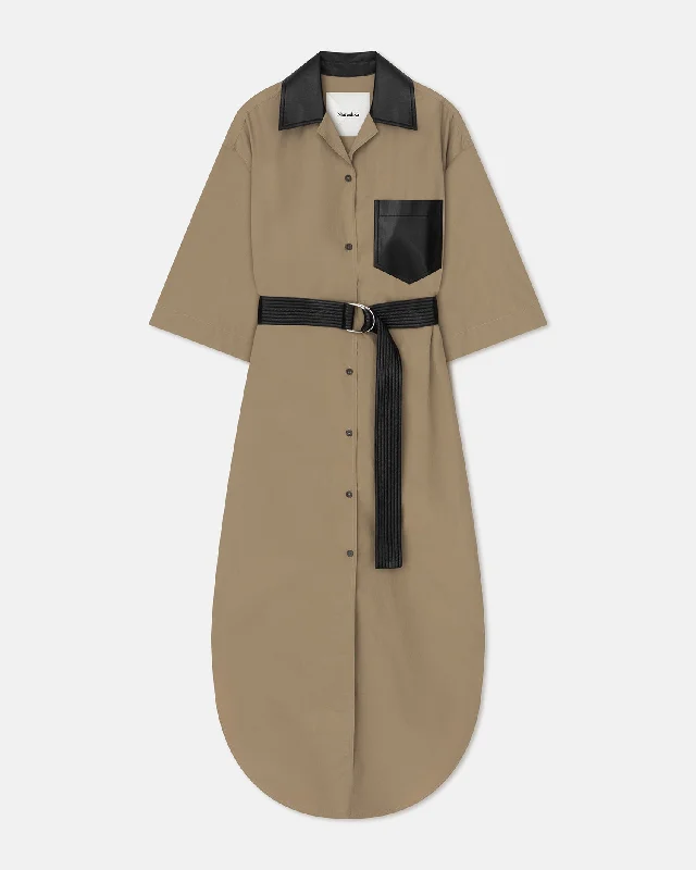 Meilani - Belted Tech Poplin Shirt Dress - Muted Khaki Shirt Dress Trend